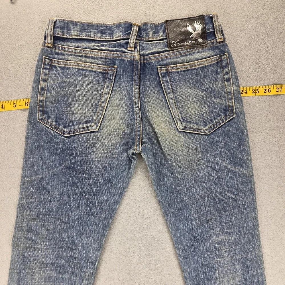 Selvedge Jeans Womens Blue Thrashed Patchwork Plaid Whiskers Studded‎ Fits 27x30